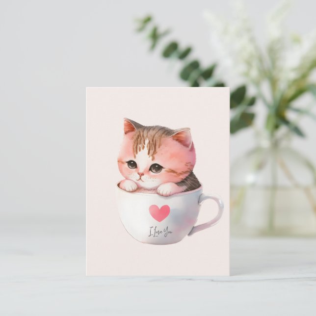 Kawaii Niedlich Striped Pink Chibi Cat Postkarte (Stehend Vorderseite)