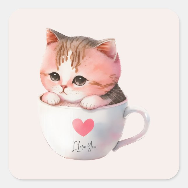 Kawaii Niedlich Striped Pink Chibi Cat Quadratischer Aufkleber (Vorderseite)