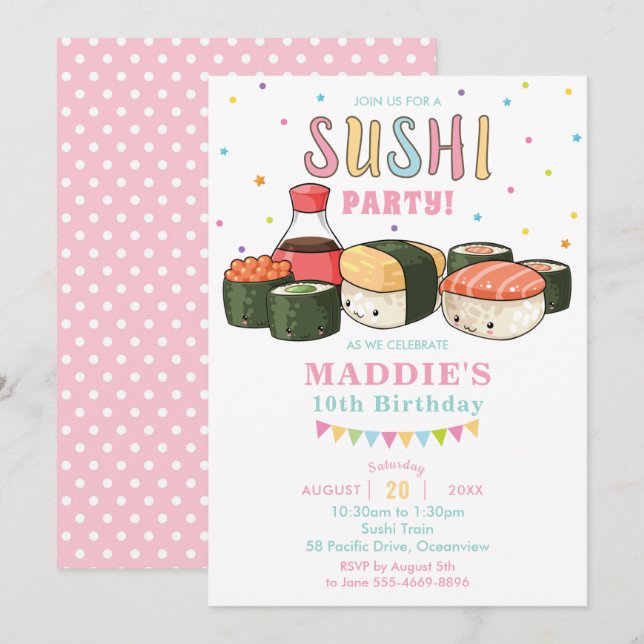 Kawaii Niedlich Sushi Party Pastel Girl Einladung (Vorne/Hinten)