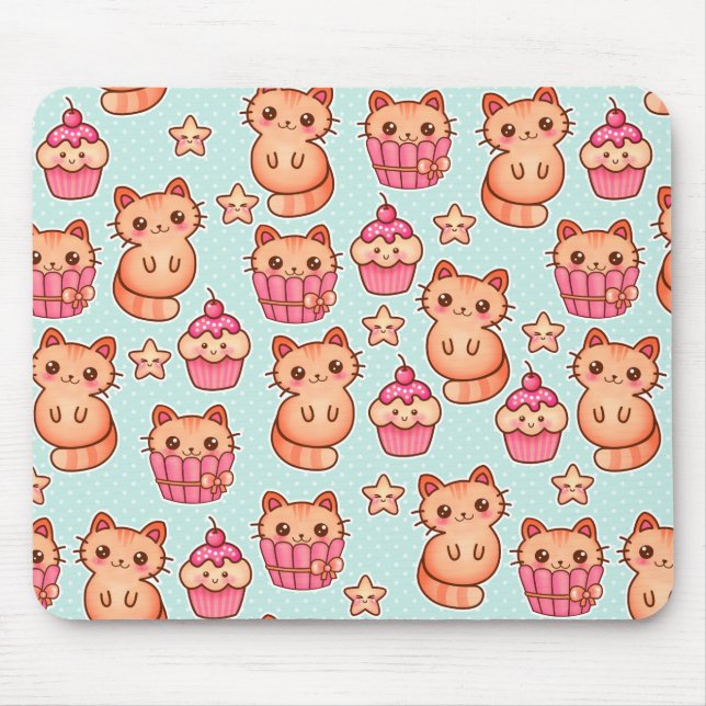 Kawaii Niedliche Katzen Cupcakes Pink und Blau Mus Mousepad (Vorne)