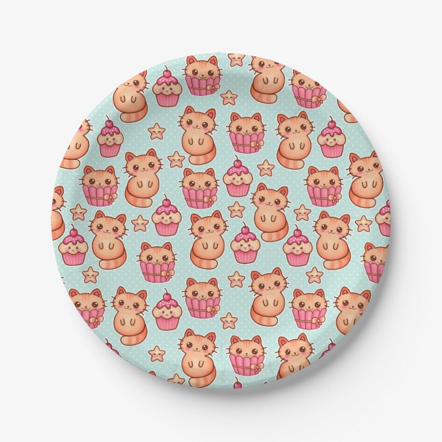 Kawaii Niedliche Katzen Cupcakes Pink und Blau Mus Pappteller (Vorderseite)