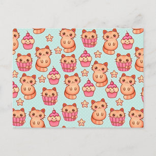 Kawaii Niedliche Katzen Cupcakes Pink und Blau Mus Postkarte