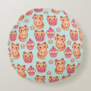 Kawaii Niedliche Katzen Cupcakes Pink und Blau Mus Rundes Kissen