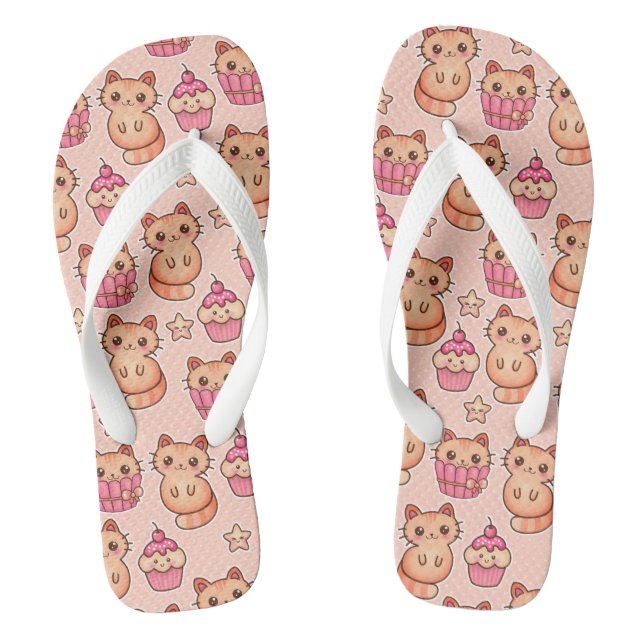 Kawaii Niedliche Katzen und Cupcakes rosa Muster Flip Flops (Fußbett)
