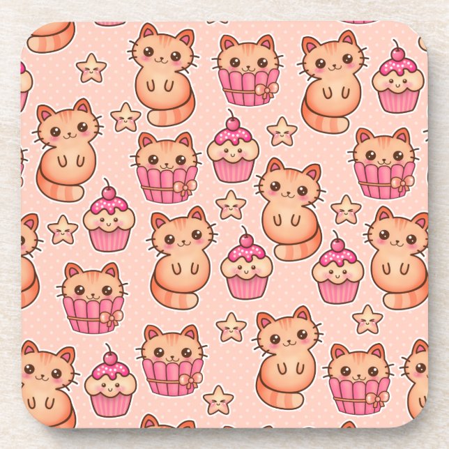 Kawaii Niedliche Katzen und Cupcakes rosa Muster Getränkeuntersetzer (Vorderseite)