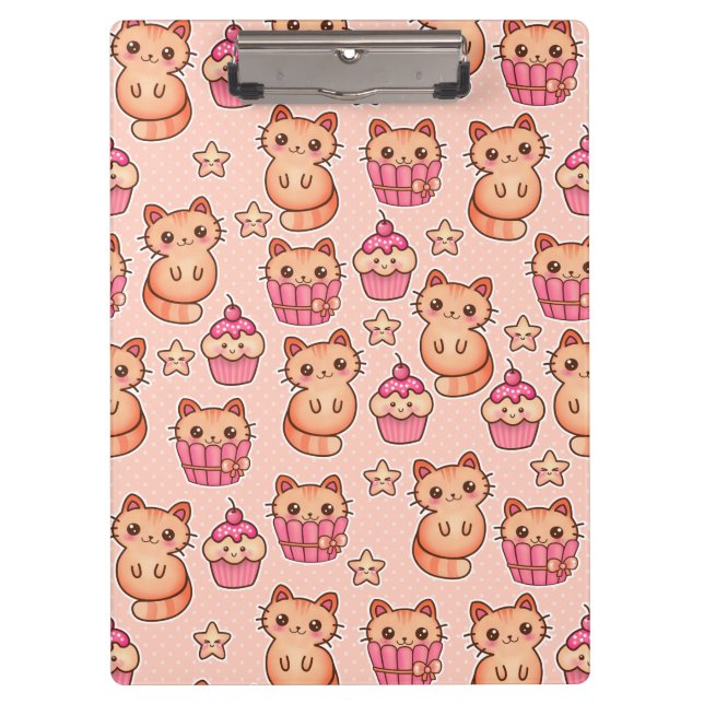 Kawaii Niedliche Katzen und Cupcakes rosa Muster Klemmbrett (Vorderseite)