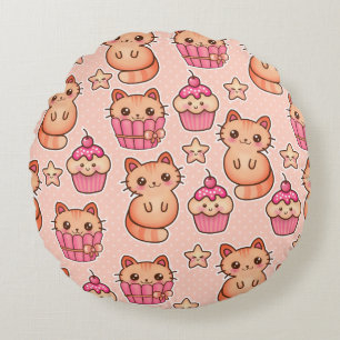 Kawaii Niedliche Katzen und Cupcakes rosa Muster Rundes Kissen