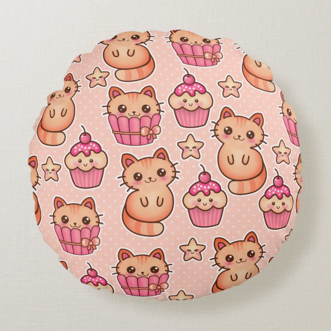 Kawaii Niedliche Katzen und Cupcakes rosa Muster Rundes Kissen (Vorderseite)