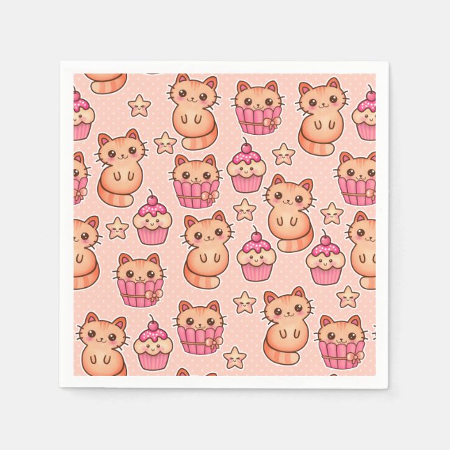 Kawaii Niedliche Katzen und Cupcakes rosa Muster Serviette (Vorderseite)