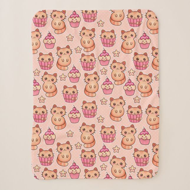 Kawaii Niedliche Katzen und Cupcakes rosa Muster Sherpadecke (Vorderseite)