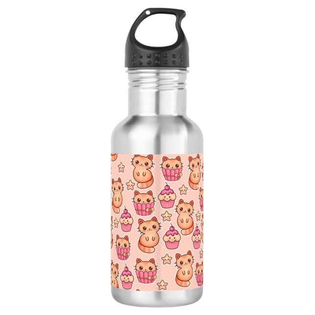 Kawaii Niedliche Katzen und Cupcakes rosa Muster Trinkflasche (Vorderseite)