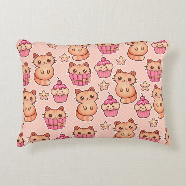 Kawaii Niedliche Katzen und Cupcakes rosa Muster Zierkissen (Vorderseite)