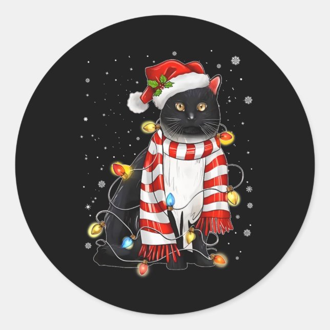 Kawaii Niedliche schwarze Katze Santa hat sich im  Runder Aufkleber (Vorderseite)