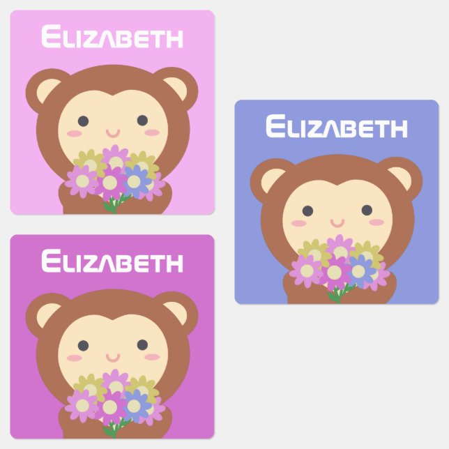 Kawaii Niedlicher Cartoon Affe Farbige Blume Kinde Etiketten (Gruppe)