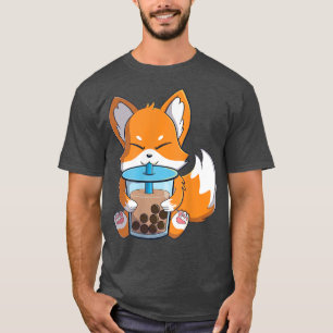 Kawaii niedlicher Fuchs trinkt Boba Teeblättertee T-Shirt