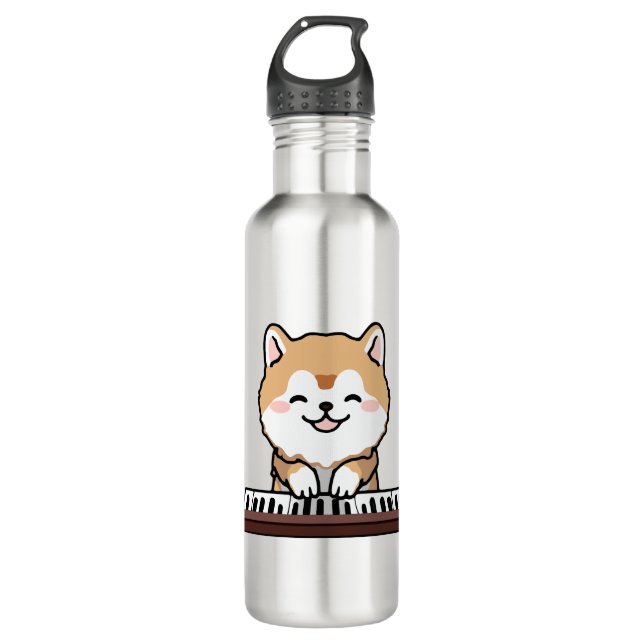 Kawaii Niedlicher Hund Klavierspielen Keyboard Edelstahlflasche (Vorderseite)