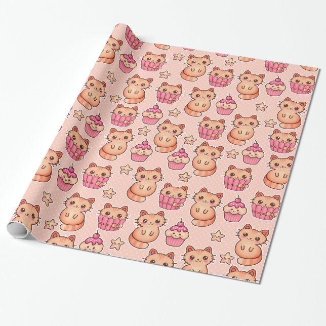 Kawaii niedliches Katzen-und Kuchen-rosa Muster Geschenkpapier (Ungerollt)