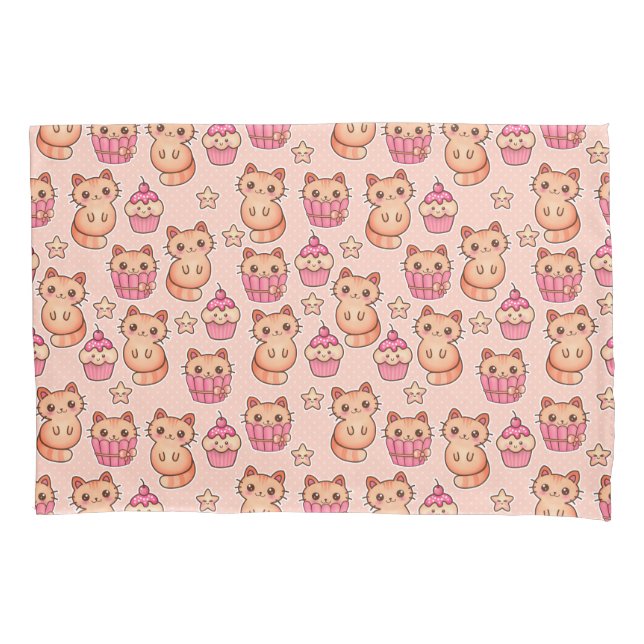 Kawaii niedliches Katzen-und Kuchen-rosa Muster Kissenbezug (Vorderseite)
