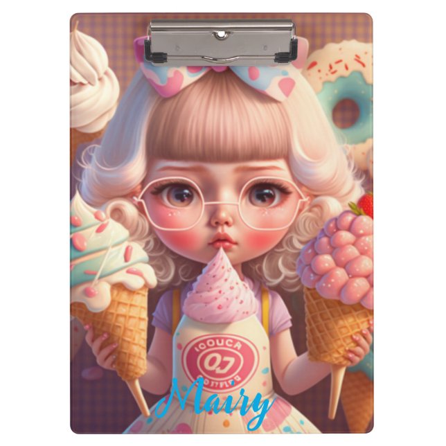 Kawaii niedliches Mädchen mit Eis Klemmbrett (Vorderseite)
