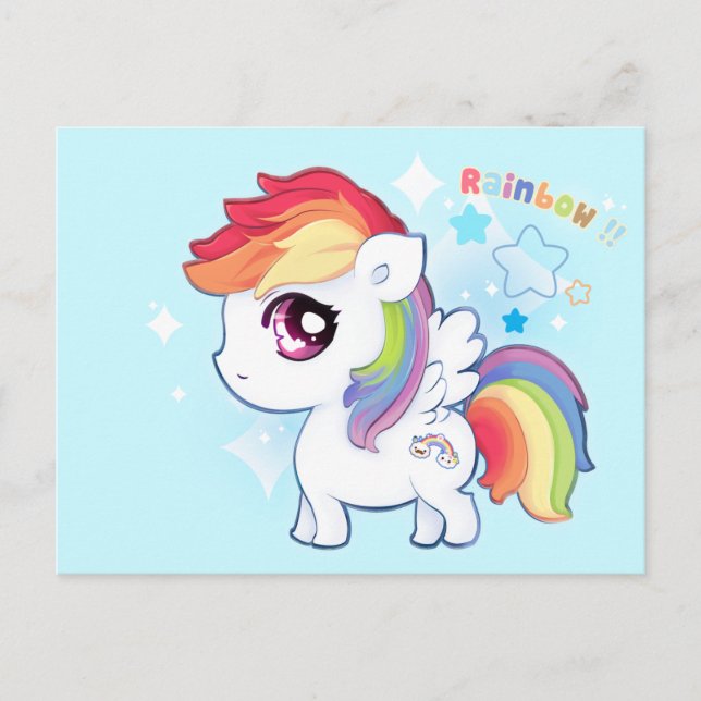 Kawaii niedliches Regenbogenpony mit Funkenstern Postkarte (Vorderseite)