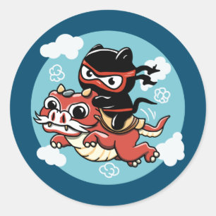 Kawaii Ninja Cat Riding a Red Dragon Runder Aufkleber