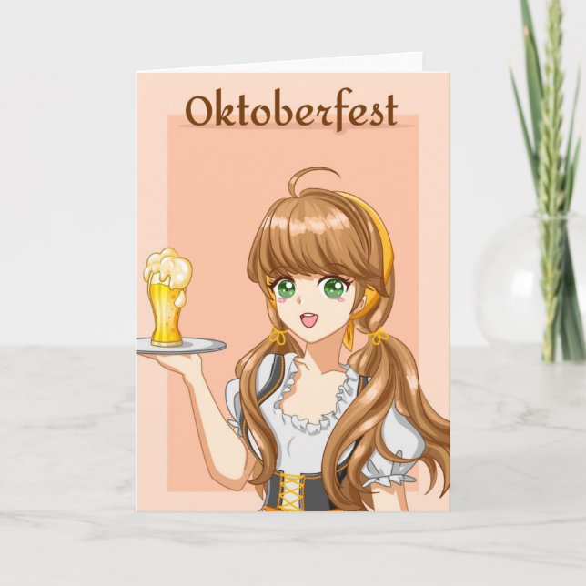 Kawaii Oktoberfest Magd mit Bier Karte (Vorderseite)