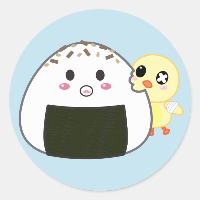 Kawaii "Onigiri" Rice Ball mit Ejiki The Chick Runder Aufkleber (Vorderseite)