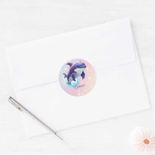 Kawaii Orca Killer Whale Personalisiert Blue & Pin Runder Aufkleber (Umschlag)