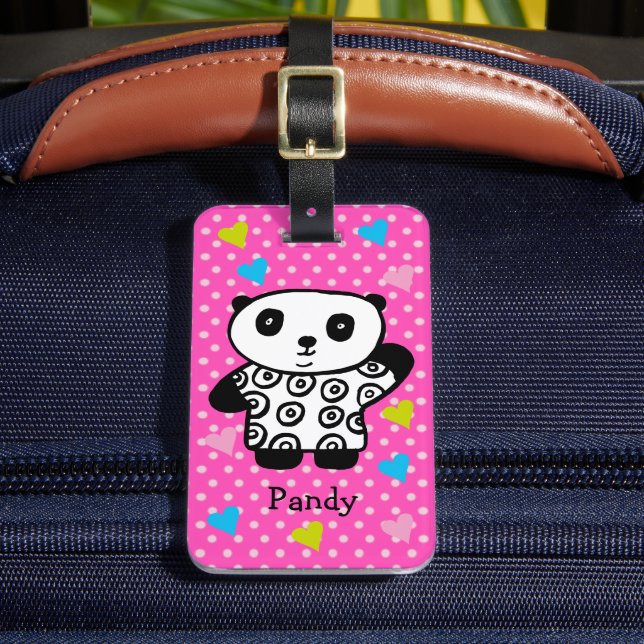 Kawaii Panda Bear Pink Girly Polka Dot Hearts Gepäckanhänger (Vorderseite Insitu 2)