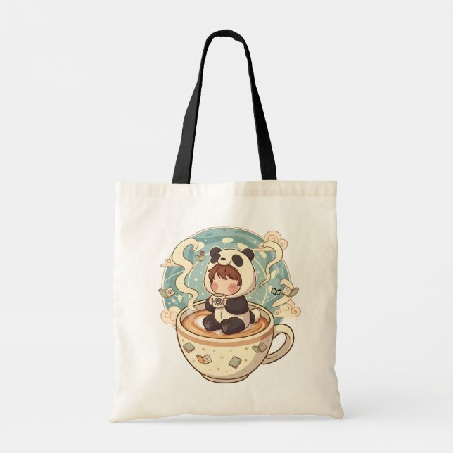 Kawaii Panda Coffee Canvas Tote Bag (Dos)