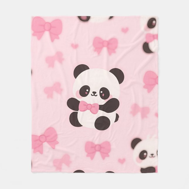 Kawaii Panda Rosa Schleifenmuster Fleecedecke (Vorderseite)