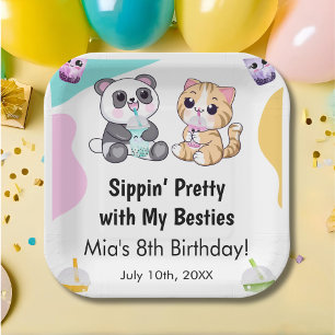 Kawaii Panda & Tiger Bubble Tea Kindergeburtstag Pappteller