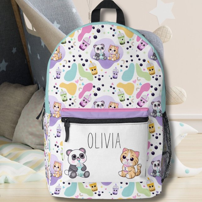 Kawaii Panda & Tiger Bubble Tee Kinder Bedruckter Rucksack (Von Creator hochgeladen)