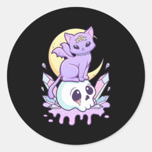 Kawaii Pastel Goth Creepy Witchy Cat and Skull Runder Aufkleber