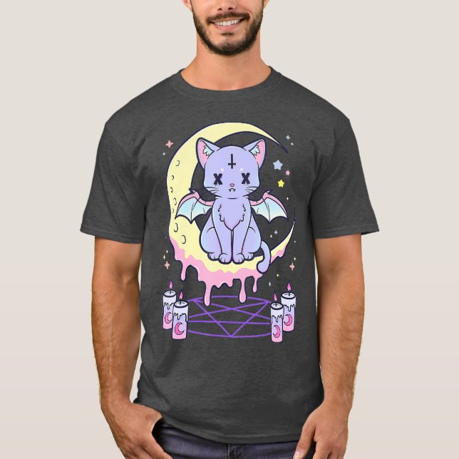 Kawaii Pastel Goth Cute Creepy Black Cat T-Shirt (Vorderseite)