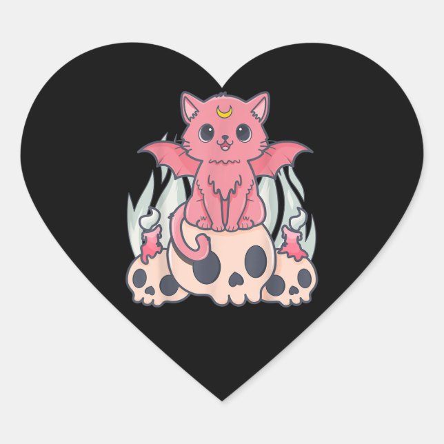 Kawaii Pastel Goth Niedliche Creepy Demon Cat and  Herz-Aufkleber (Vorderseite)