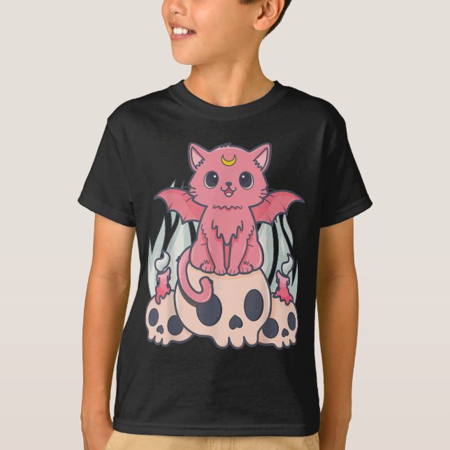Kawaii Pastel Goth Niedliche Creepy Demon Cat and  T-Shirt (Vorderseite)