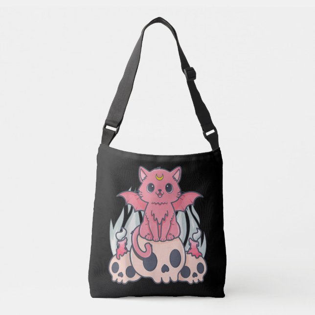 Kawaii Pastel Goth Niedliche Creepy Demon Cat and  Tragetaschen Mit Langen Trägern (Vorderseite)