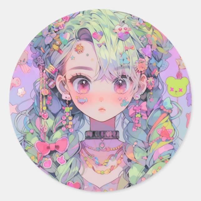 Kawaii Pastel Harajuku Anime Girl mit Braids Runder Aufkleber (Vorderseite)