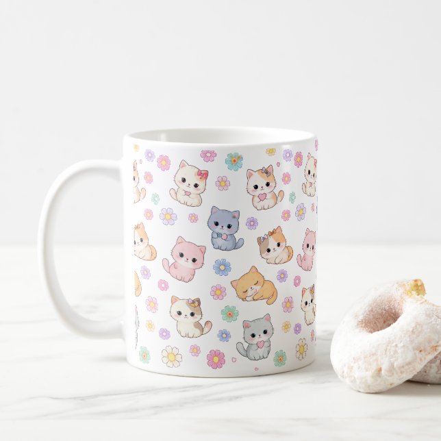 Kawaii Pastel Kittens and Flowers Pattern Mug Kaffeetasse (Mit Donut)