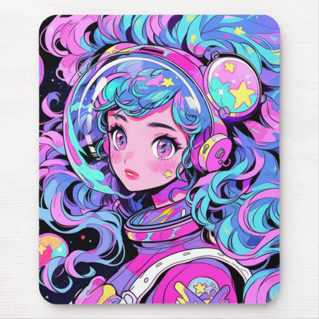 Kawaii Pastel Pink und Blue Space Anime Girl Mousepad (Vorne)