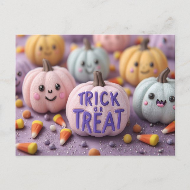 Kawaii Pastel Pumpkins mit Trick oder Treten Text Postkarte (Vorderseite)