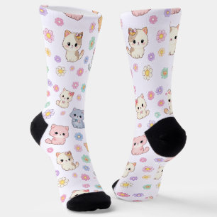 Kawaii Pastell-Kätzchen und Blumen  Socken