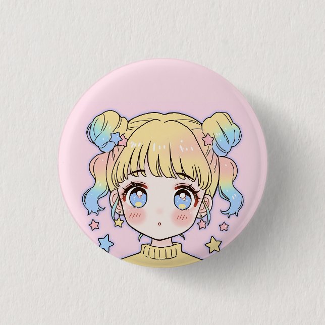 Kawaii Pastell-Star-Mädchen-Porträt Button (Vorderseite)