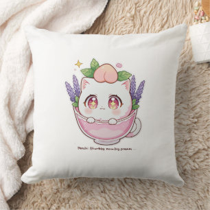 Kawaii Peach Cat in Lavender Teacup Throw Kissen