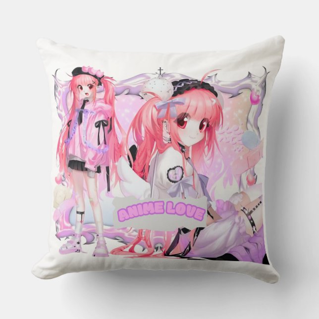 Kawaii Pink Anime Girl Throw Kissen (Vorderseite)