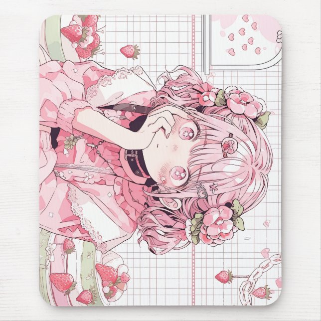 Kawaii Pink Cafe Anime Girl Mousepad (Vorne)