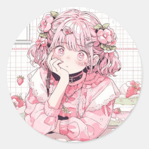 Kawaii Pink Cafe Anime Girl Runder Aufkleber
