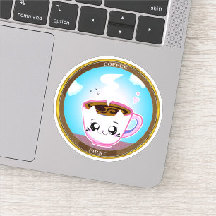 Kawaii Pink Cat Cup of coffee. Kaffee zuerst Aufkleber