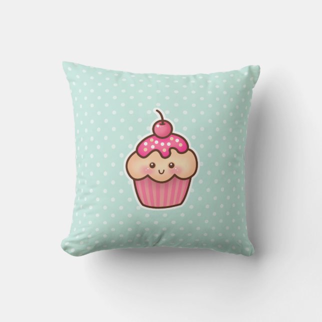 Kawaii Pink Cupcake und Niedlich Mint Blue Polka D Kissen (Vorderseite)